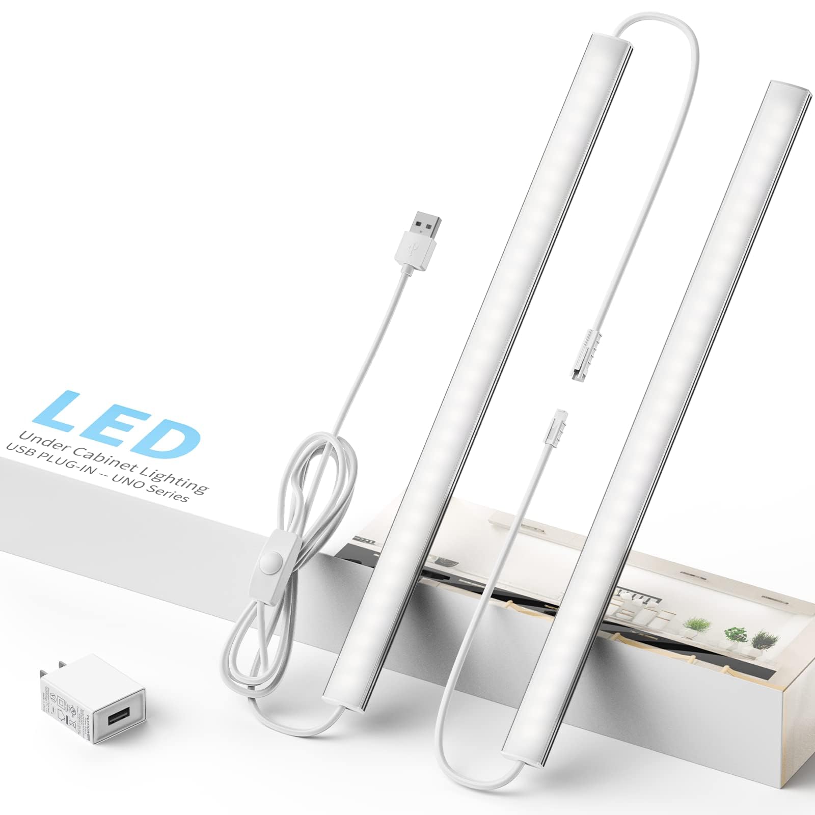 Photo 1 of ASOKO HOME Dimmable Wired Under Cabinet Lighting - 2 Pack of 12-Inch Cold White 6000K Linkable USB LED Lights for Kitchen, Desk, Sink, and Workbench