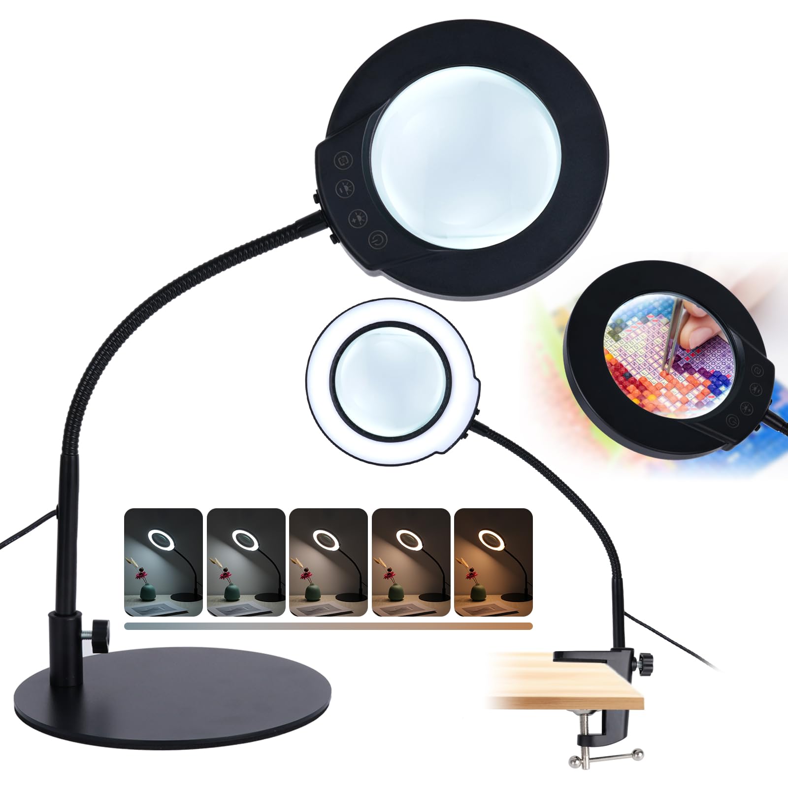 Photo 1 of 10X Magnifying Glass with Light and Stand, 4.3" Real Glass Lens, 5 Color Modes & Stepless Dimming LED Desk Lamp, Hands-Free Magnifier with Clamp & Flexible Gooseneck for Crafts, Hobby, Close Work
