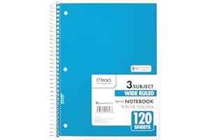 Mead Spiral Notebook, 3 Subject, Wide Ruled Paper, 7-1/2" x 10-1/2", 120 Sheets, Color Will Vary (930206-25)