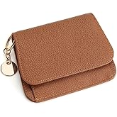 Mudono Small Wallet for Women RFID Blocking Genuine Leather Card Case Slim Tri-Fold Wallet with Zipper Pocket and Keychain