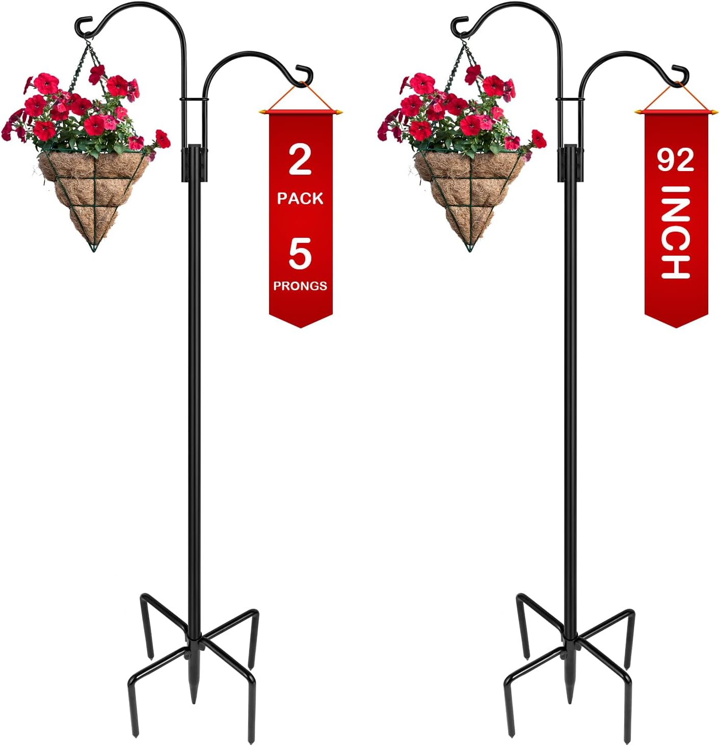 Outdoor Shepherd's Hooks - XDW-GIFTS Double Shepherds Hooks for Outdoor, 2-Pack Heavy Duty Garden Pole for Hanging Bird Feeder, Plant Baskets, Solar Light Lanterns, Garden Plant Hanger Stands with 12 Base Prongs
