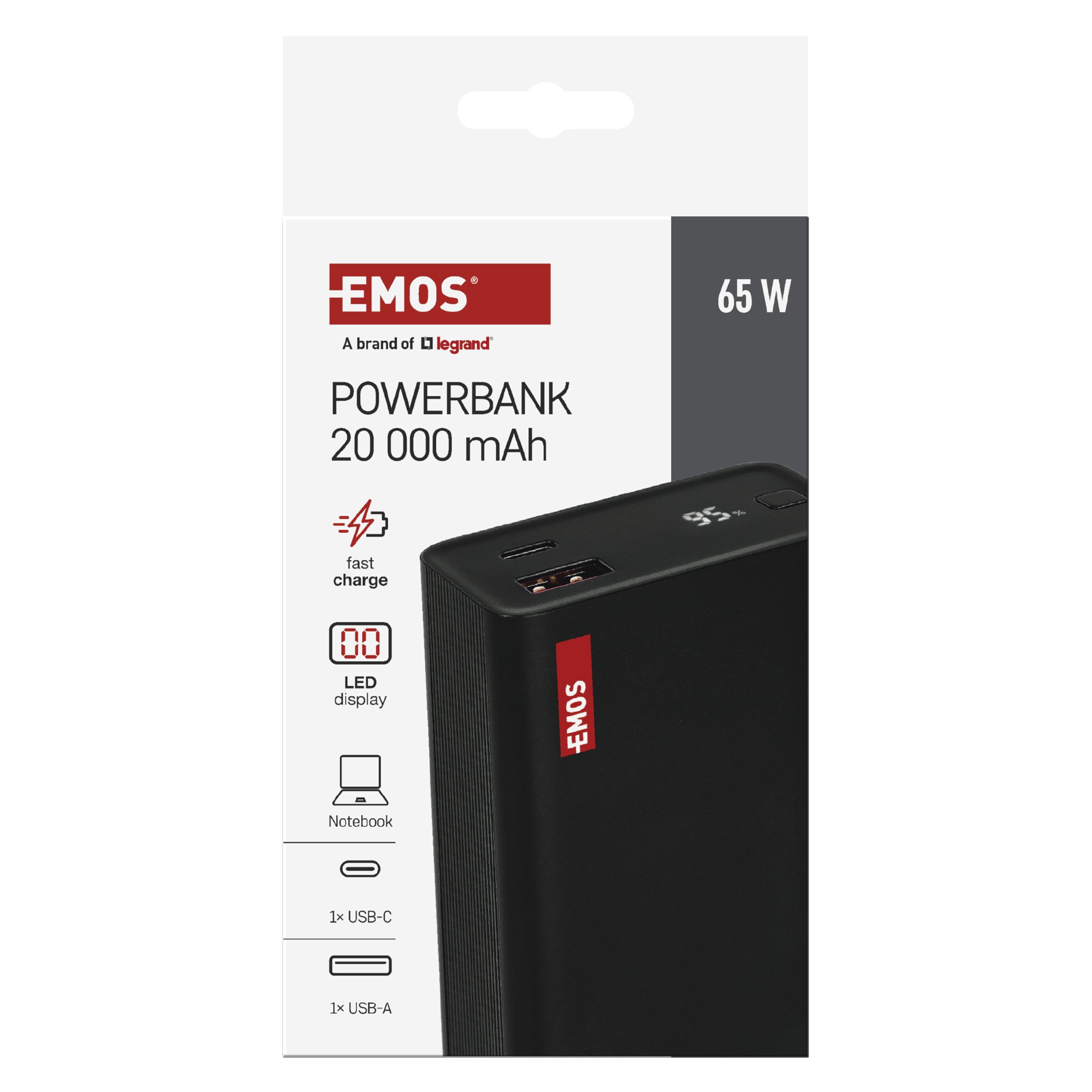 EMOS - Powerbank 20 000 mAh NTBF20 - externer Akku mit Passthrough und Fast-Charging 65W PD - USB-C/USB-A-Port inkl. Ladekabel - für Tablet, Laptop, iPad, Handy, Kamera, Soundbox - schwarz 2