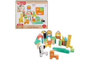 Fisher-Price Wood Toddler Toy Jungle Blocks, 50-Piece Wooden Animal Building Set for Preschool Pretend Play Kids Ages 2+ Year