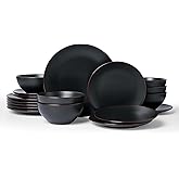 Famiware Venus Plates and Bowls Sets, 18 Pieces Stoneware Dinnerware Sets, Dishes Set for 6, Microwave and Dishwasher Safe, Matte Black