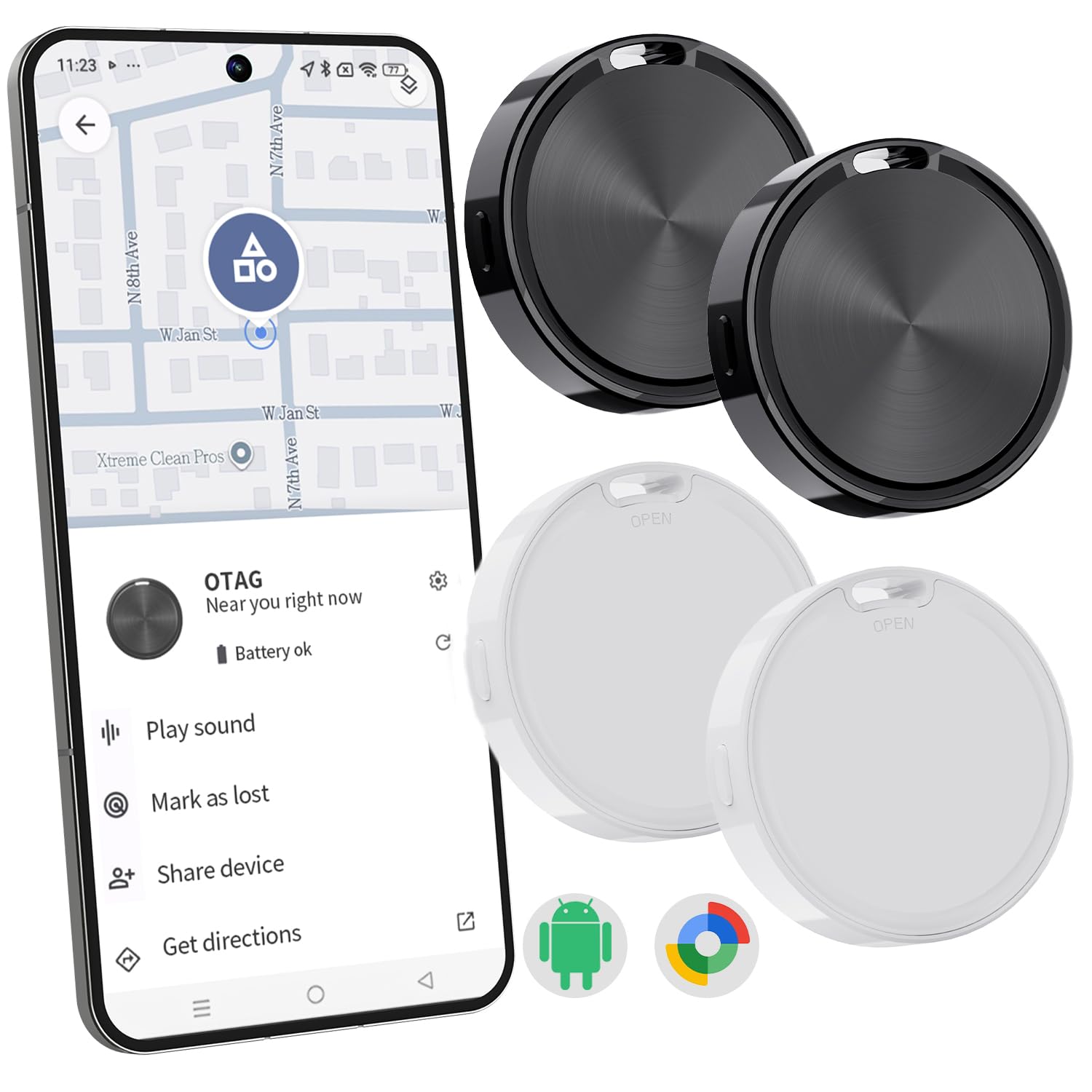 Photo 1 of Air Tracker Tag for Android-4 Pack Android Tracker Tags Work with Google Find Hub App (Android Only) Bluetooth Tracker Item Finder for Key, Wallets, Backpack, Suitcases-Black+White