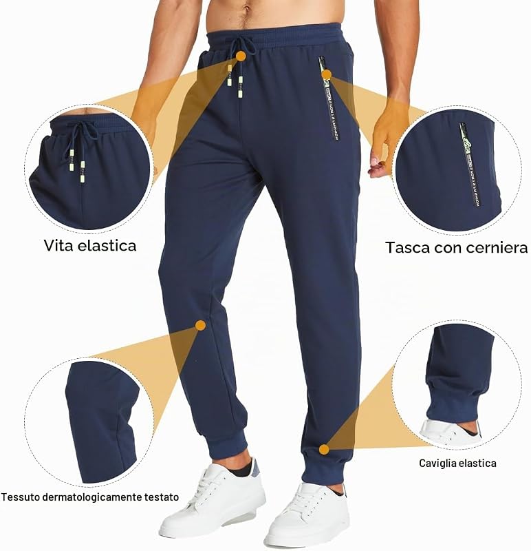 Pantaloni Sportivi Uomo Cotone Pantaloni Elasticizzati Uomo Jogging con Elastico in Vita con Tasche Zip Blu L