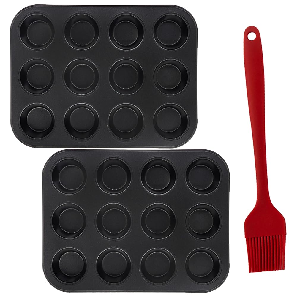 2 Pack Bakeware Yorkshire Pudding Tray Cupcake Tray Muffin Trays 12 Cup Yorkshire Pudding Tin Mini Cake Tins Baking Tray Set Non-Stick Muffin Cases for Baking Pastries , Bun, Cupcakes(Free Brush)