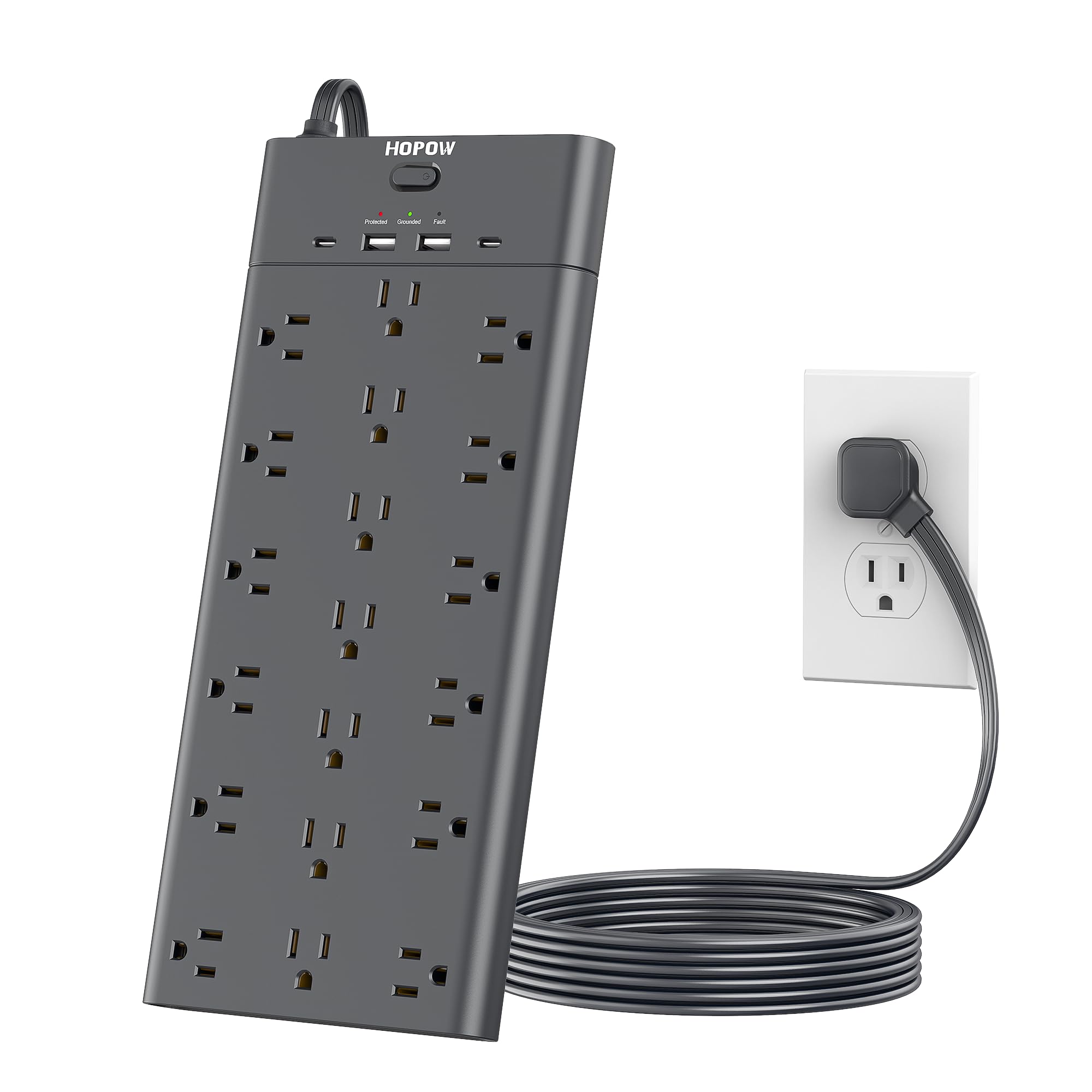 Photo 1 of (USED/FAIR) Power Strip Surge Protector, HOPOW 6 Ft Heavy Duty Flat Plug Extension Cord with 19 Outlets and 4 USB Ports, 1875W, 2100J Surge Protection, Wall Mount for Home, Office, Gaming Room, Dorm, Black