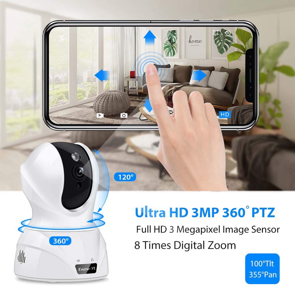 Home Security Camera, Enow-YL Wireless 3MP Surveillance Pan/Tilt/Zoom IP Indoor 2.4G WiFi Dome Camera with Motion Detection, Night Vision, Two Way Audio for Baby/Pet/Nanny Monitor, Work with Alexa
