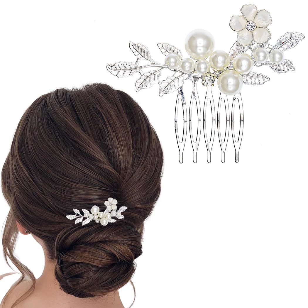 Flayem Wedding Hair Side Comb Bridal Pearls Headpieces Flower Leaf Hair Comb Bride Bridesmaid Hair Accessories for Women and Girls (Silver)
