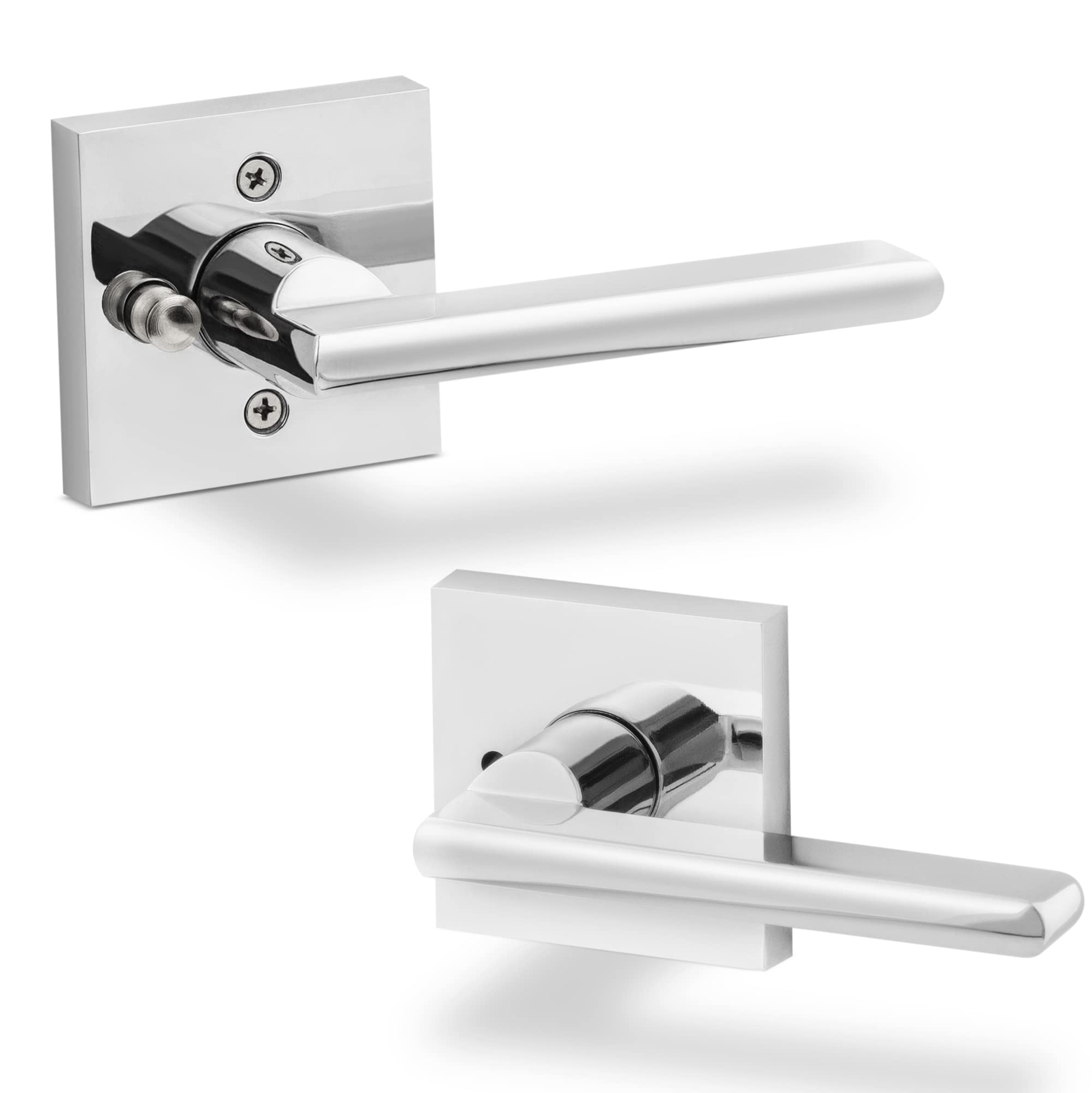Hentel Privacy Door Lever, Door Lever with Lock, Locking Door Handle Set for Heavy Duty Interior Bathroom Bedroom Door Handles Keyless Locksets, Reversible for Left Right Side Handed, Chrome Silver