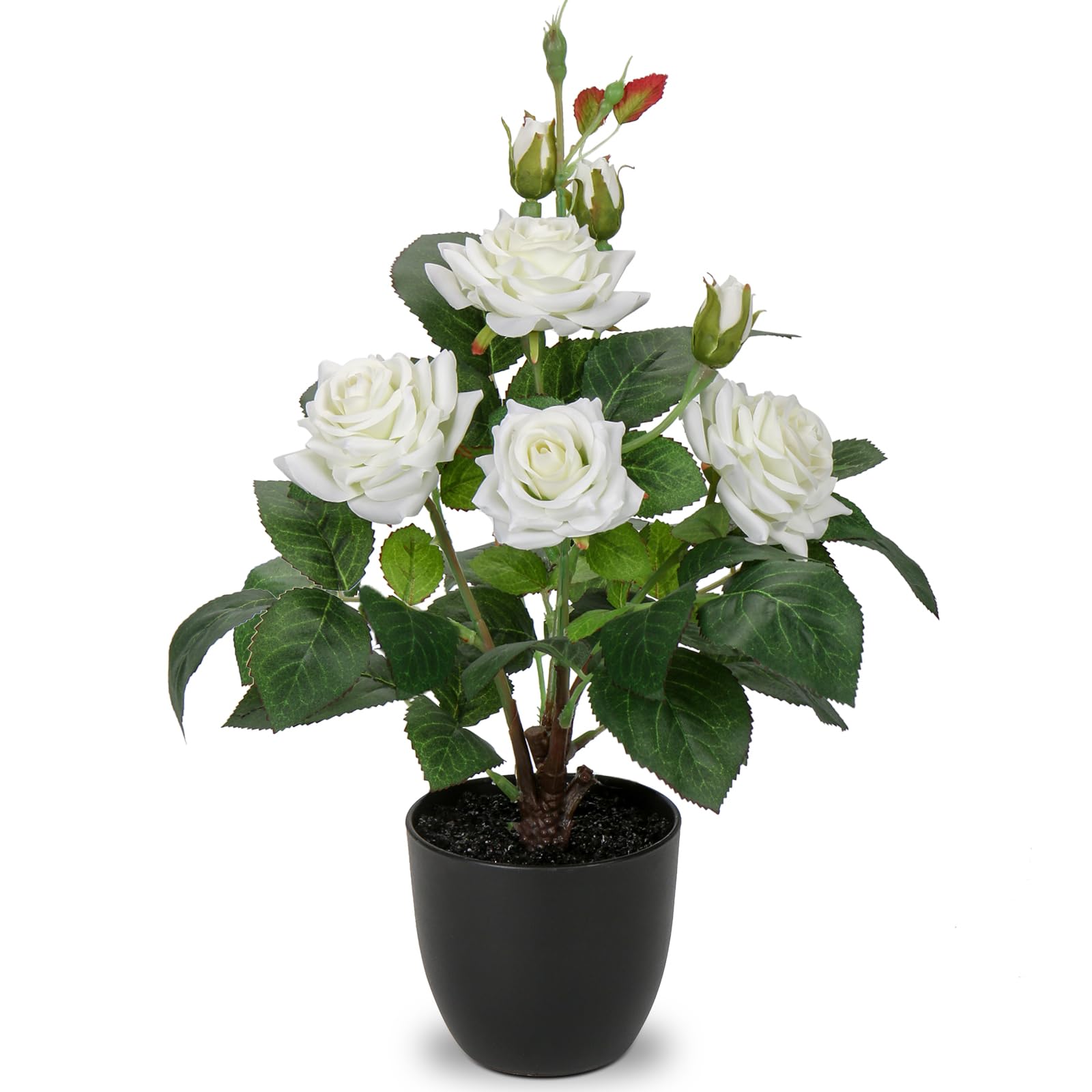 Briful 38CM Artificial Roses in Pot White Artificial Flowers, Silk Rose Fake Flowers Spring Decoration Fake Roses with Pot for Home Kitchen Bathroom Decor