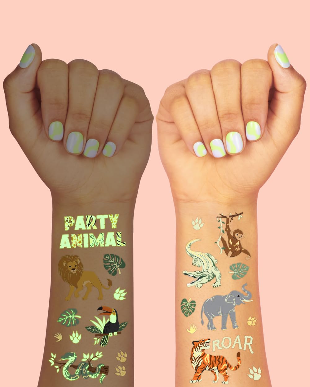 xo, Fetti Jungle Animal Glow in Dark Temporary Tattoos for Kids - 48 Pcs | Elephant Party Decorations, Wild Animal Birthday Party Supplies, Giraffe Favors, Safari Baby Shower, Tiger