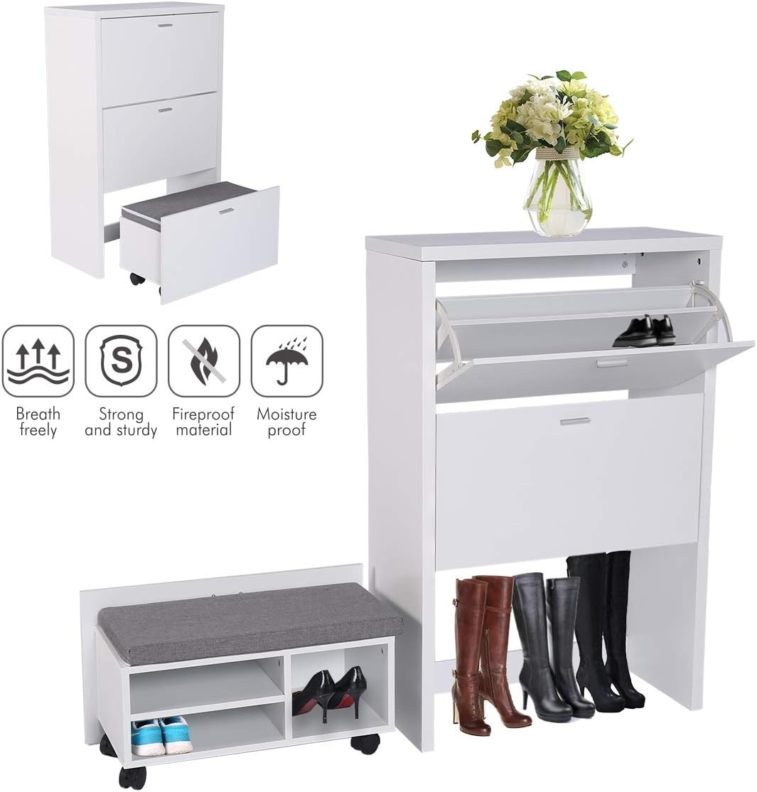 NeuTone Shoes Storage Cabinet Cupboard with Shoes Bench for Hallway-Wooden Shoe Rack Set with Seat Cushion and Flip-drawer for Entryway