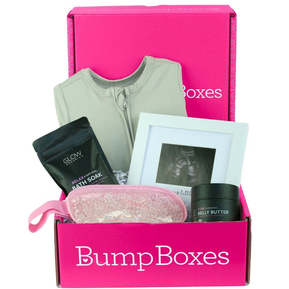 Bump Boxes 2nd Trimester Gift Set, Complete Pregnancy Care Package with Belly Butter, Bath Soak, Baby Footed Sleeper, Sonogram Frame and Eye Mask
