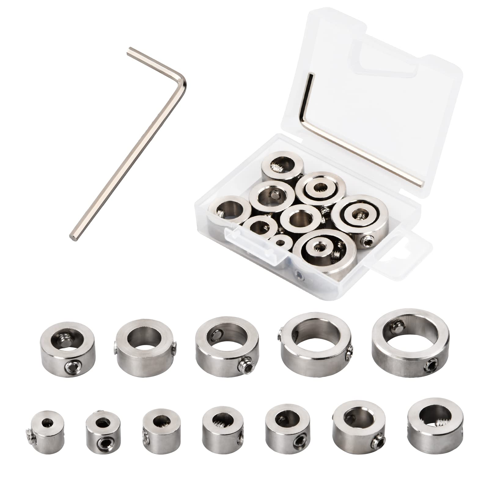 12 Pcs Drill Stop Bit Limit Ring, 3-16 mm Drill Bit Depth Stop Collars with Hex Wrench, Stainless Steel Silver Spacing Ring Positioner Locator, Adjustable Drill Positioner for Woodworking