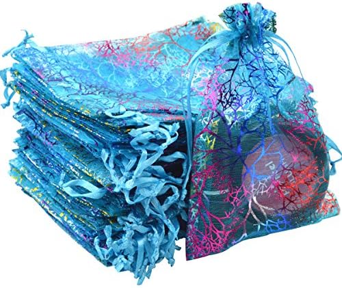 Tojwi Organza Bgs 100pcs 3.54"x4.72"(9x12cm) Coralline Pattern Drawstring Gift Pouches Jewelry Watch Wrap Party Wedding Celebration Favor Bags (Blue)