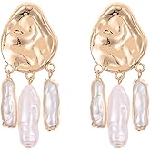 Donabus Statement Pearl Dangle Earrings,Gold and Large Pearl,Luxury Chandelier Organic Style Earrings