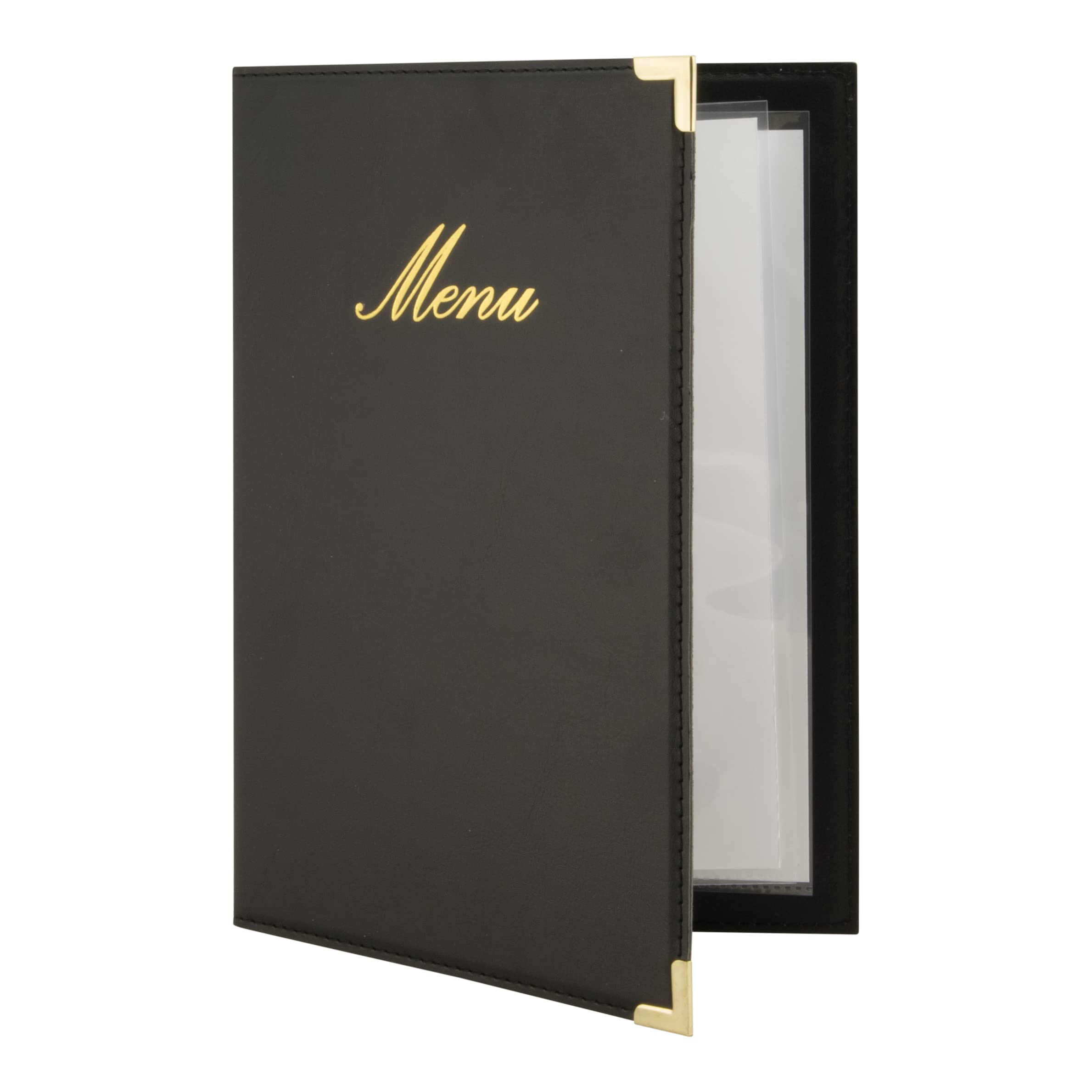 Securit Premium Faux Leather A5 Menu Holder - 4 Pages to View Elegant Display Folder for Food and Drinks - Ideal for Restaurants, Cafe or Bar (Black)