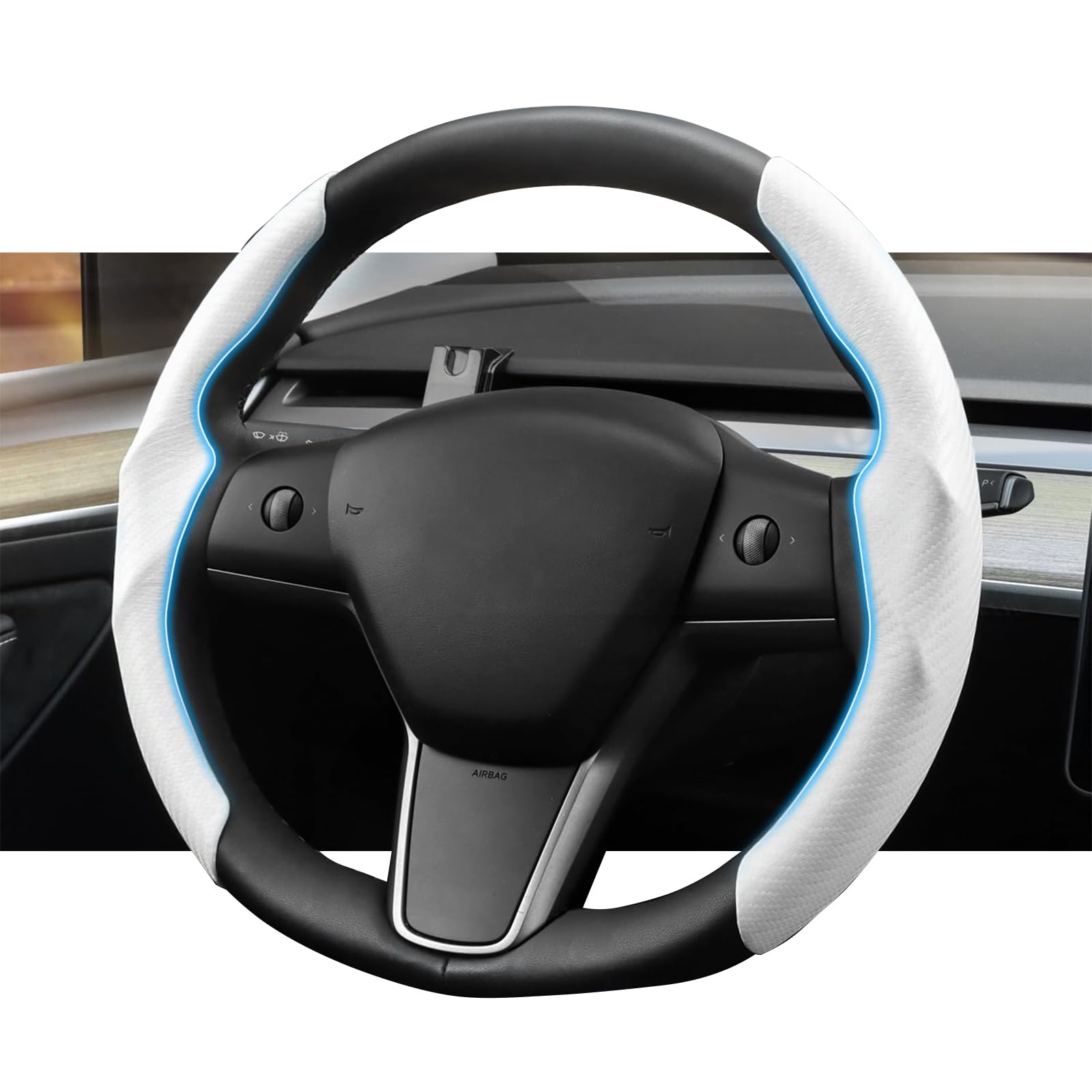 Photo 1 of YJMOTOR for 2017-2025 Tesla Model Y/Juniper Steering Wheel Cover Decorative,Fit Model 3/Highland Suede Steering Wheel Cover Protection Interior Auto Non Slip Grip Function Accessories(White)