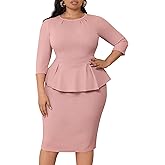 Runwind Womens Plus Size Dress - Work Business Professional Office Vintage Peplum 3/4 Sleeve Pencil Dresses