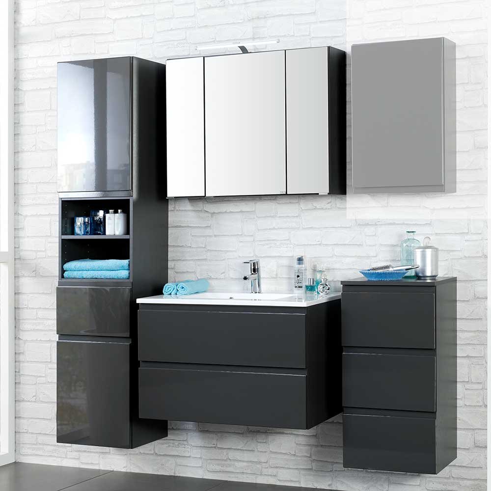Badmöbel Set mit 3D Spiegelschrank Anthrazit Hochglanz (4-teilig