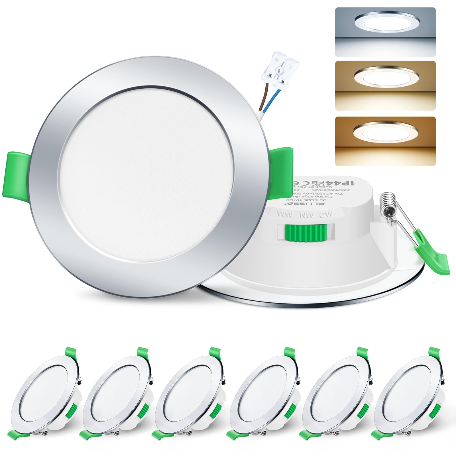 ALUSSO LIGHTING LED Recessed Ceiling Lights 230V 7W Ultra Flat Dimmable Downlights IP44 Spotlights for Bathroom, 3000K Warm White 4000K Neutral White 6500K Cool White Adjustable, 6Pack Round Chrome