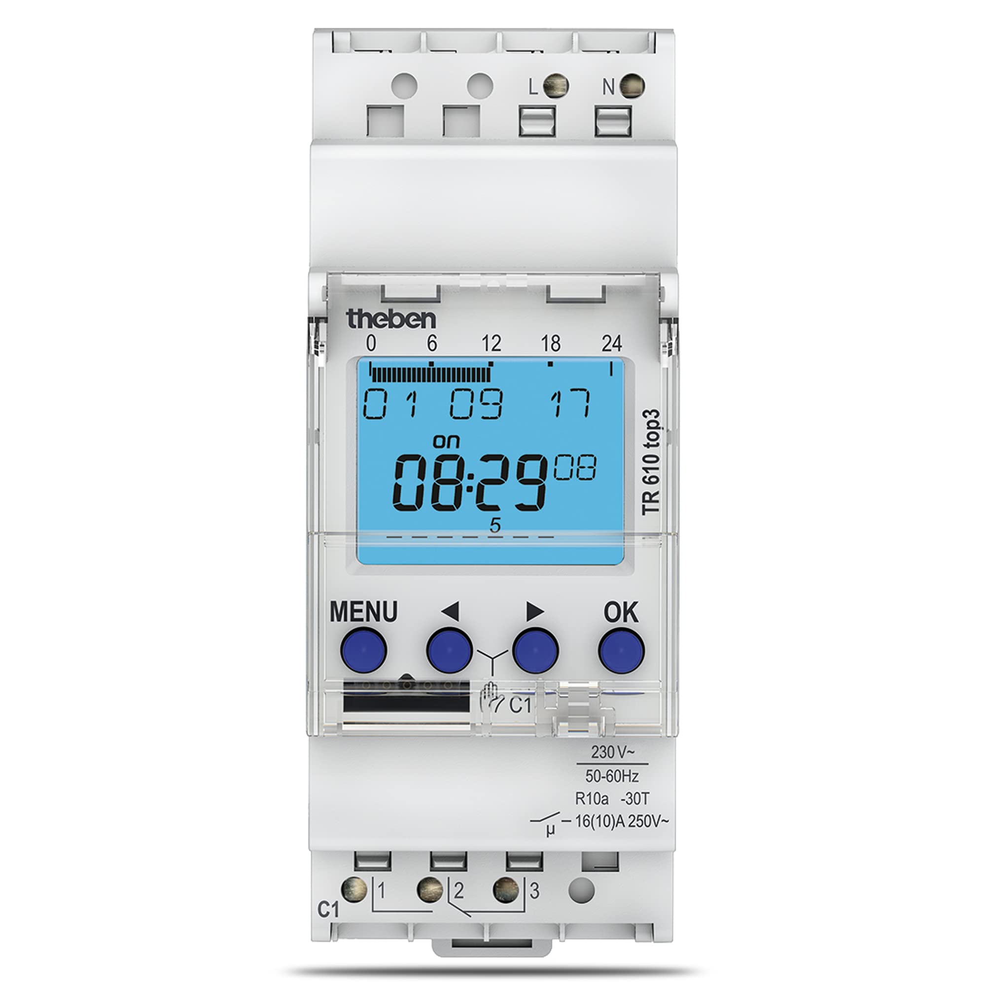 Theben powerful 1 channel digital time switch TR 610 top3 - weekly program, app programming possible, 10 year power reserve, up to 600 W LED 6100130