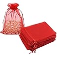 HRX Package Organza Bags Red 100pcs, 5 x 7 inches Christmas Gift Drawstring Bags Mesh Jewelry Pouches for Wedding Party Favors