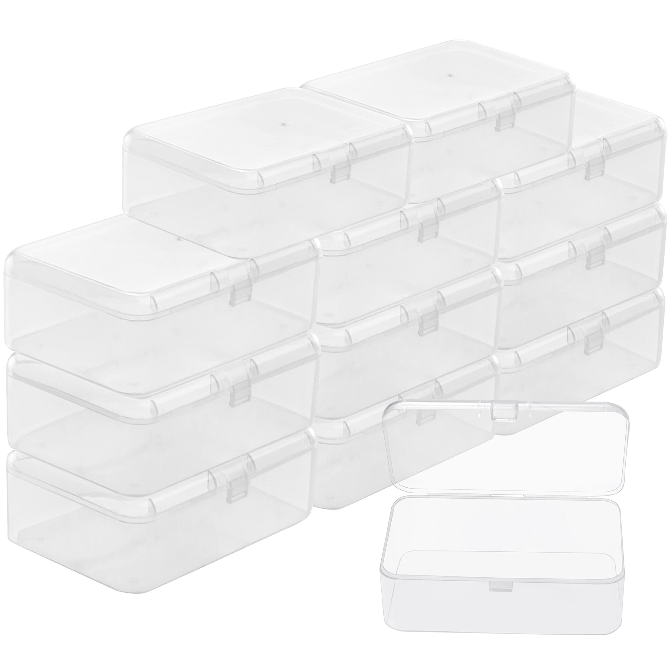 BELLE VOUS 12 Pack Small Clear Plastic Storage Box Containers with Hinged Lid - L9 x W6 x H3.3cm / 3.54 x 2.36 x 1.3 Inches - Mini boxes for Pills, Beads, Jewellery & Craft Items