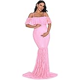 ZIUMUDY Fitted Lace Maternity Gown Ruffle Sleeve Mermaid Off Shoulder Photography Dress Baby Shower