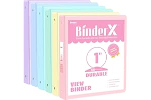 6 Pack Extra Durable 3 Ring Binders 1 inch, Sooez 1” Three Round Ring Binders with Pockets, Cute Customizable Clear View Cover for 8.5 x 11 Letter Size Papers, Pastels School Office Supplies for Girl