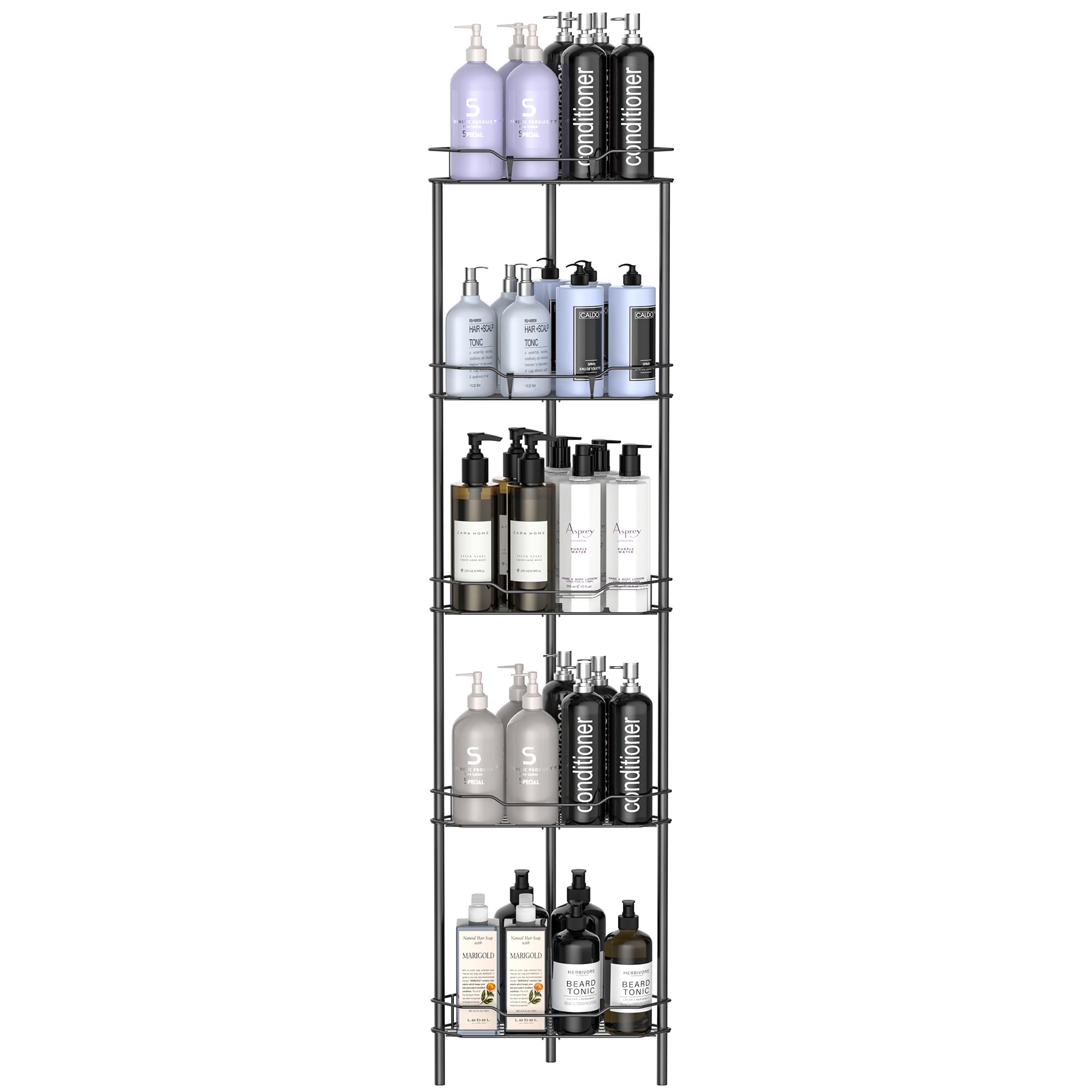 Photo 1 of HuggieGems 5 Tier Floor Standing Corner Shower Caddy Organizer Shelf with Hooks, Bathroom Shelves Stand Rack, Matt Black