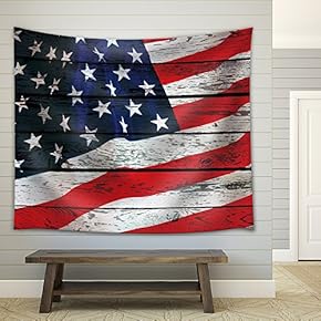 American Flag on a Wooden Background - Fabric Tapestry, Home Decor - 51x60 inches