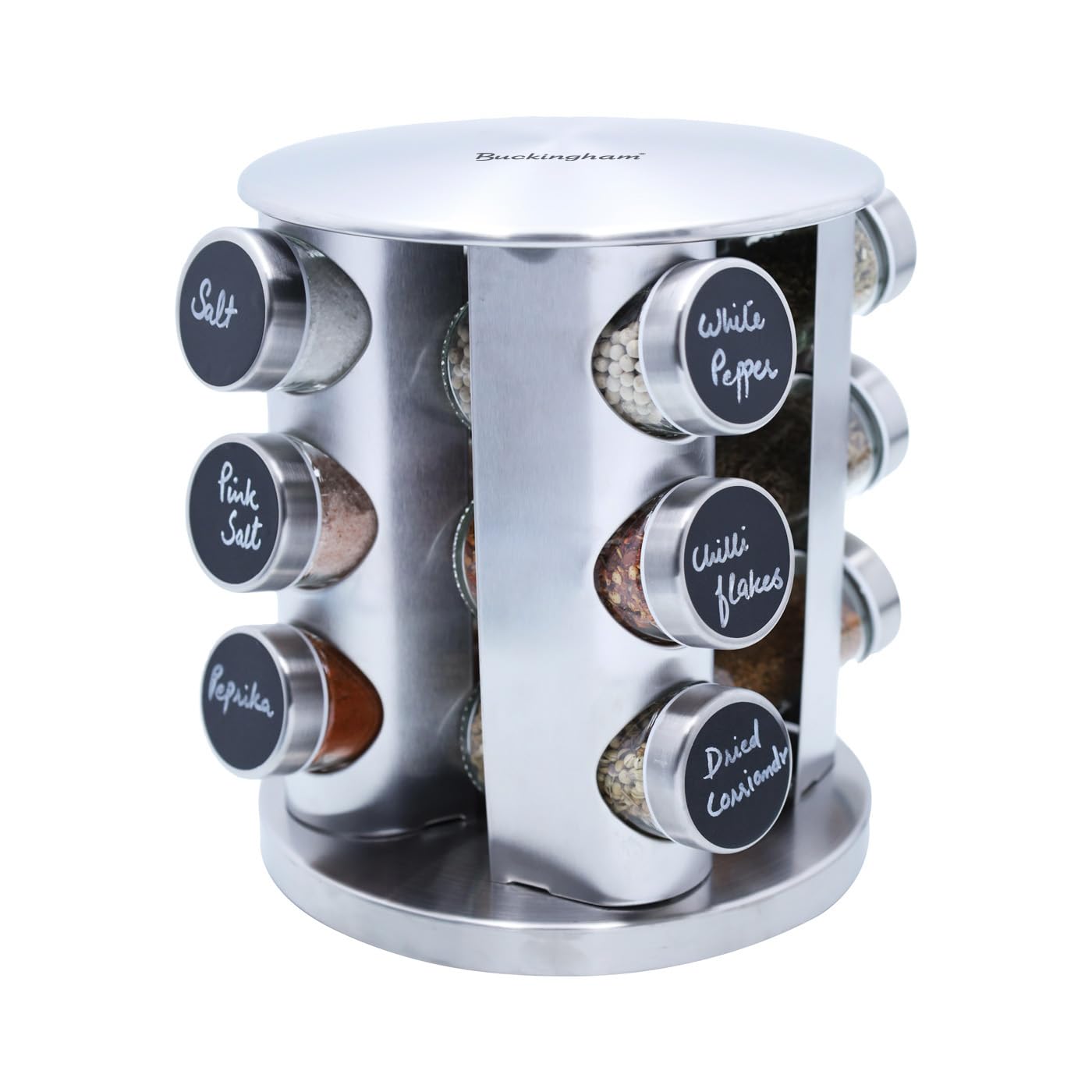 Buckingham Stainless Steel Rotating Spice & Herb Rack including Glass Jars, Carousel Organizer for Kitchen Spices and Herbs (12 Jars)