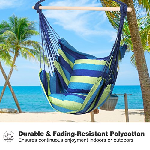 Finehter Hanging Rope Hammock with Pillow Set|Hanging Chair Swing seat for Indoor Outdoor Use|265 lbs Weight Capacity,Blue & Green Stripe,No Fade