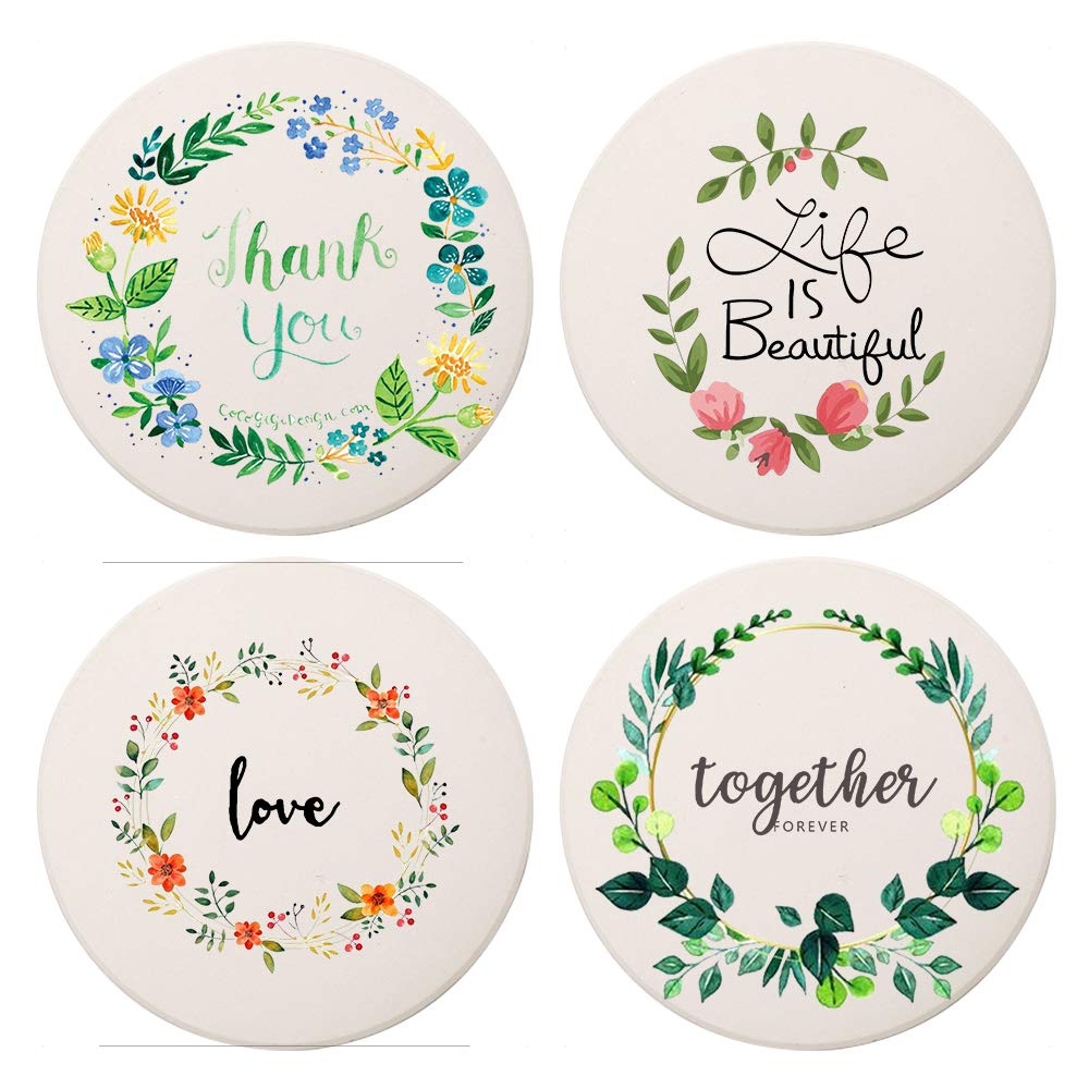 MAYCARI Wreath Greetings Coasters Set of 4 with Cork Base Protection, Personalised Round Drink Absorbent Stone Coasters Mug Set Flower Gift for Kinds of Mugs and Cups