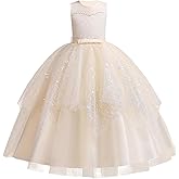 IDOPIP Flower Girl Sequin Appliques Dress for Kids Wedding Pageant Party Long Gown Princess Birthday Communion Tulle Dresses