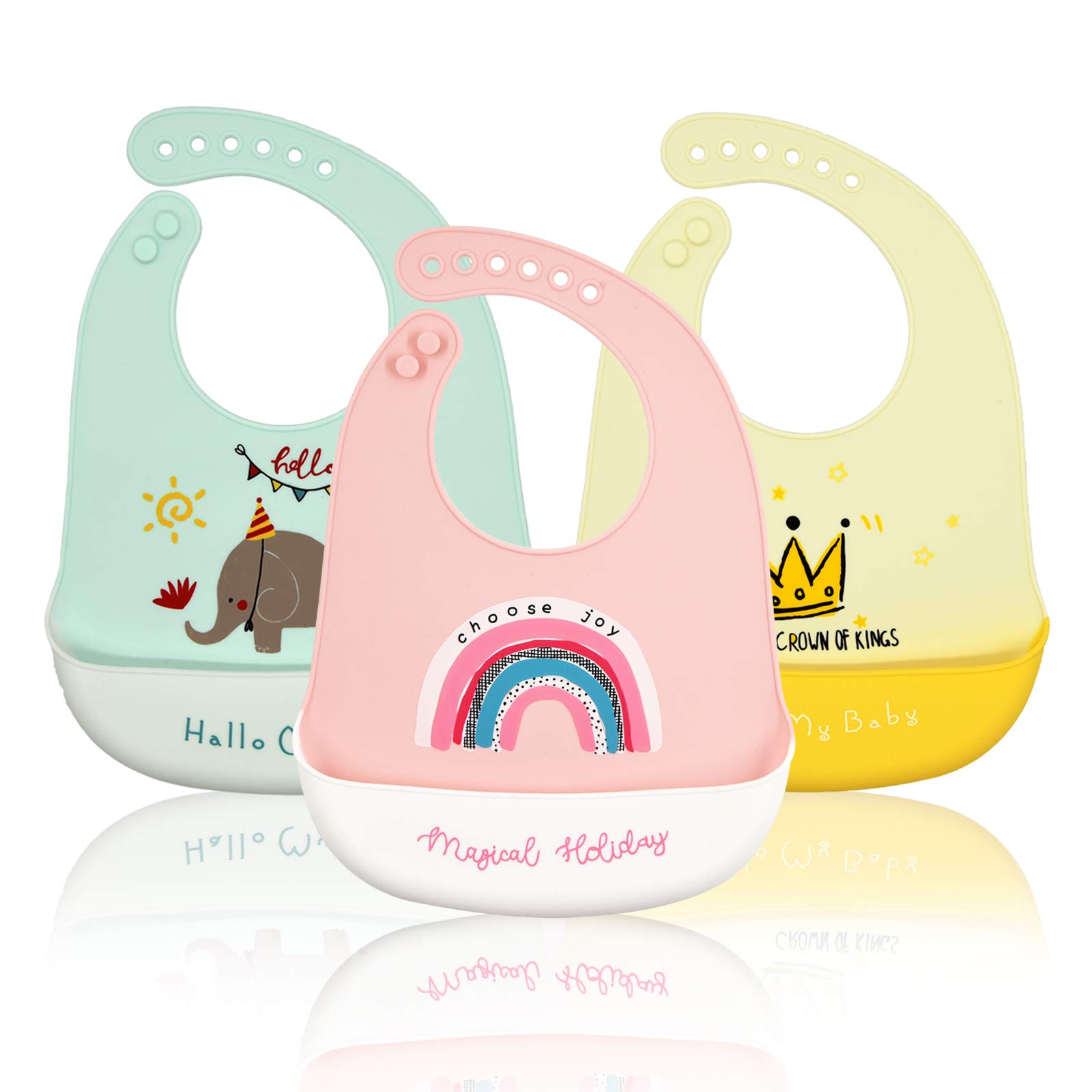 JinBei Baby Bibs Silicone Toddlers Feeding & Weaning Bibs,3PCS Soft Waterproof Adjustable Easily Wipe Clean Cheap Baby Eating Bib with Food Pocket Catcher Bib BPA Free for Infant Kids Unisex Girl Boy