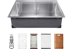 VEVOR 30 inch Kitchen Sink Workstation, 304 Stainless Steel Top Mount Sinks, Drop-in Single Bowl Farmhouse Basin with Ledge &