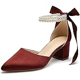 Women's Closed Toe Wedding Shoes Chunky Block Heels with Pearls Satin Pumps Ankle Strap Prom Evening Party Shoes