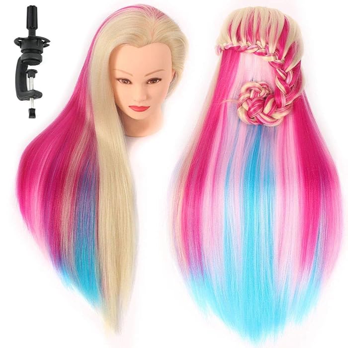 Mannequin Head 26" Hair Styling Training Head Manikin Cosmetology Doll Head Multicolored Synthetic Fiber Hair (Table Clamp Stand Included) SACH1P