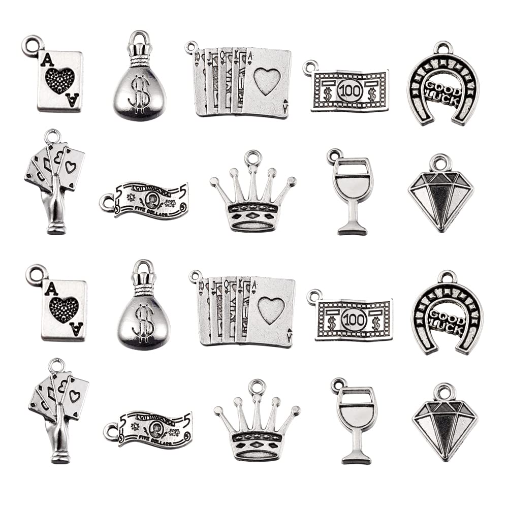 Airssory 100Pcs 10 Style Gambling Game Charms Cash Playing Cards Casino Chip Money Dollars Charm for Jewelry Making