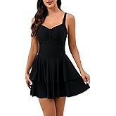 Halcurt Women's One Piece Swimsuit with Skirt Ruched Ruffle Tummy Control Swim Dress Bating Suit