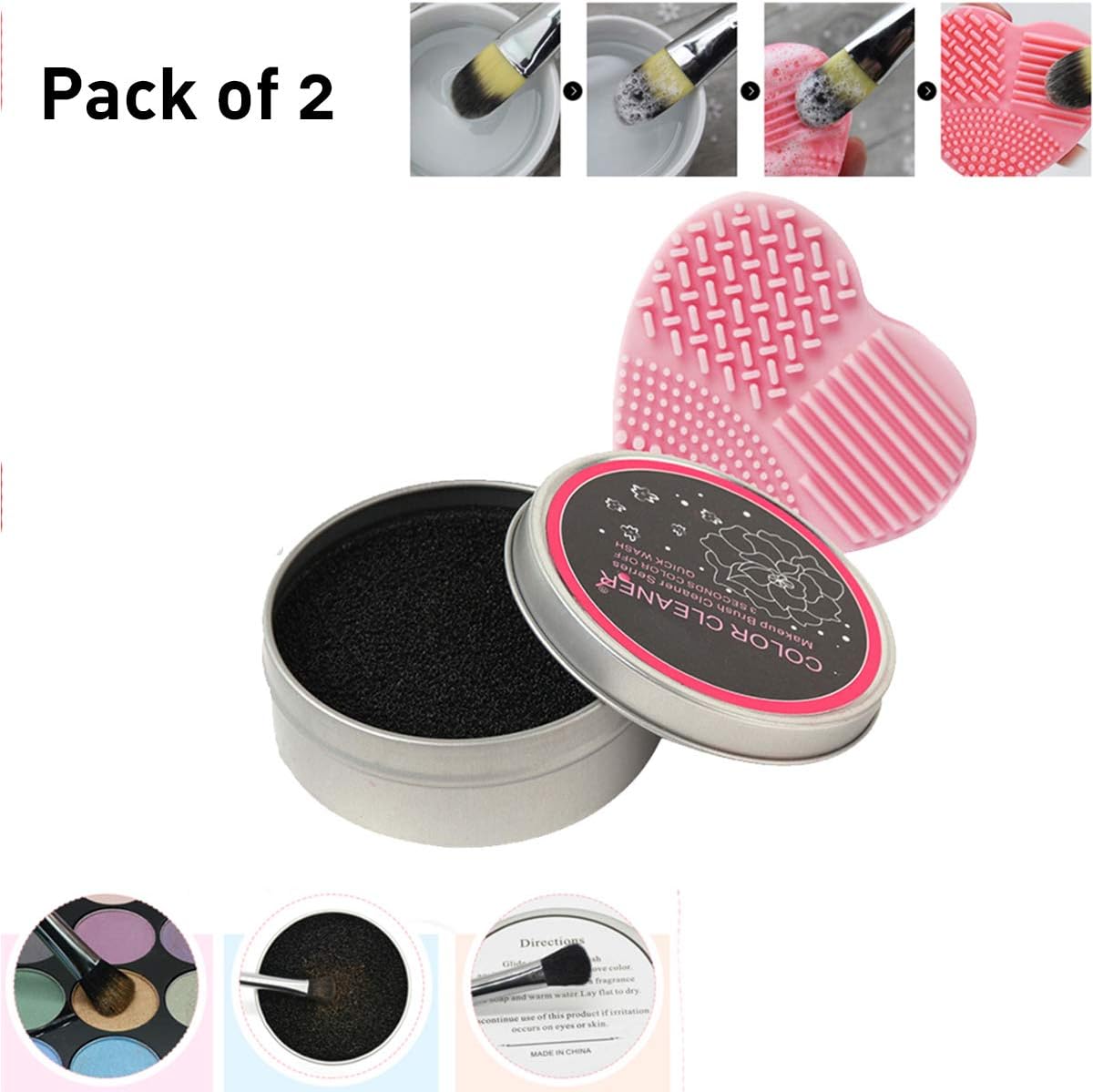 Makeup Brush Cleaner Set, Heart Shaped Silicone Cosmetic Brush Cleaning Mat and Cosmetic Color Quick Remover Sponge for All Makeup Lovers