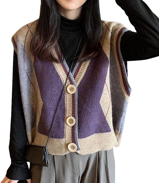 Amazon Shuming ニットベスト レディース Vネック セーター ノースリーブ 前開き チョッキ ボタン付き ゆったり ベスト チェック柄 ショート丈 可愛い トップス 秋 冬 Freesizeパープル ベスト 通販