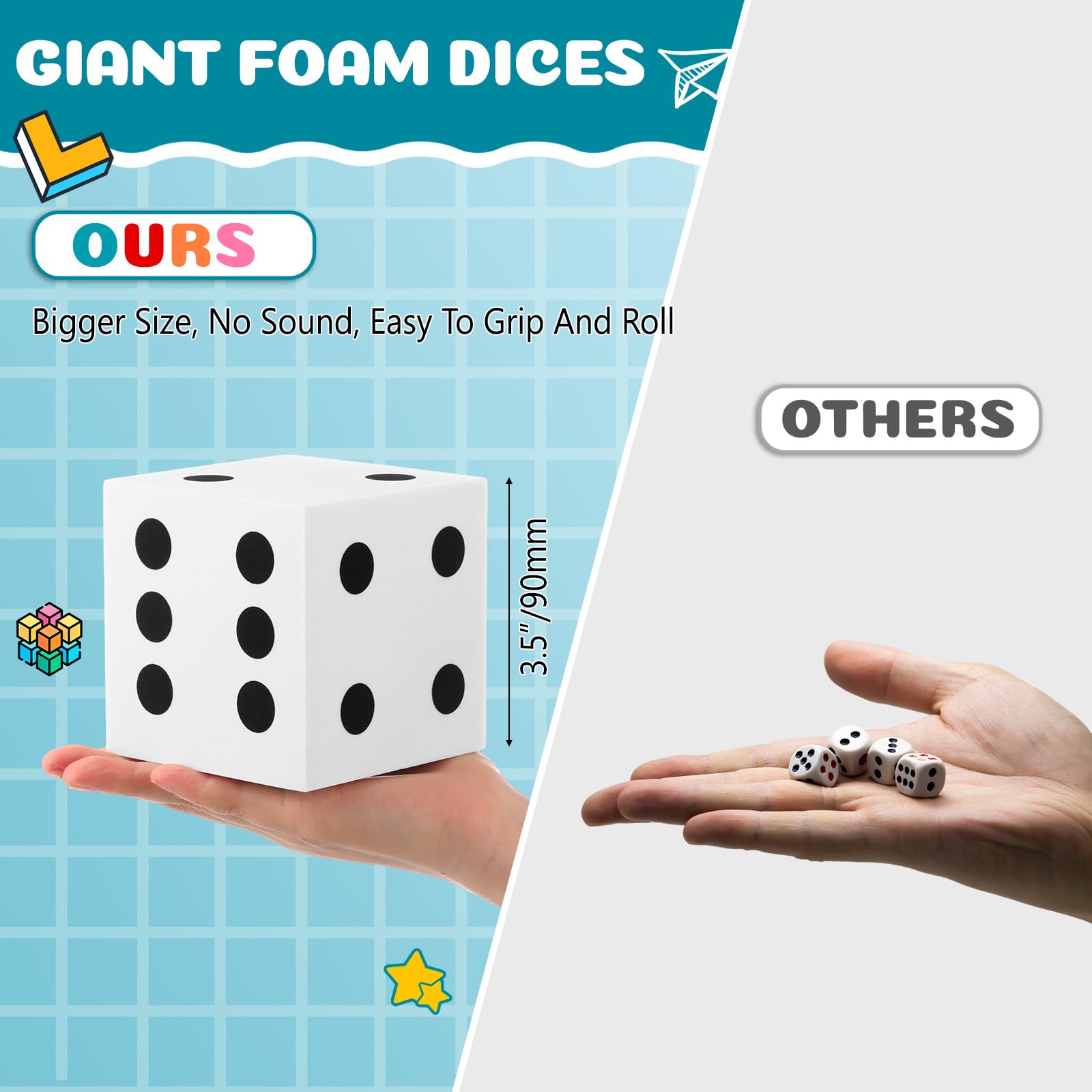 Shappy 4 Pieces 3.5 Inch Foam Dice Cube Jumbo Dice with Number Dots Big Giant Foam Large Cube for Christmas Game Math Classroom Party Favors Bag Stuffers(White)