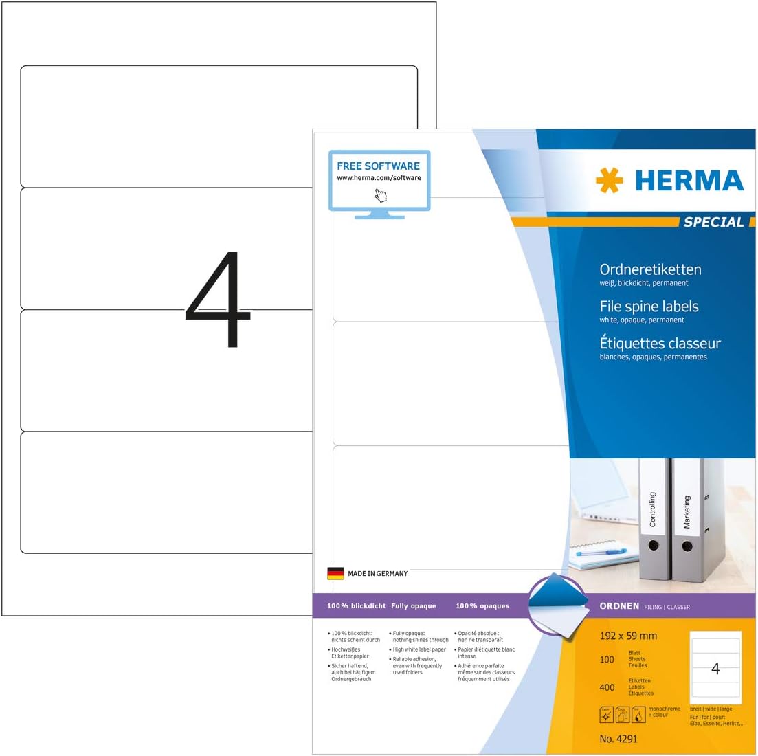 HERMA Self Adhesive Spine Labels, 4 Labels per A4 Sheet, 100 Sheets, 192 x 59 mm, 400 Labels