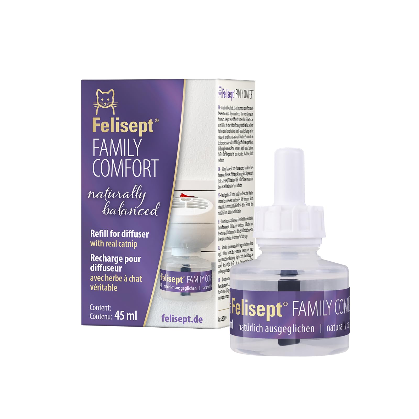 Felisept Family Comfort Relaxing Agent in Multi-Cat Household Refill Bottle 45 ml - With natural catnip - Cat plug in calmer - Release tensions in multi-cat households and reduce sustainably