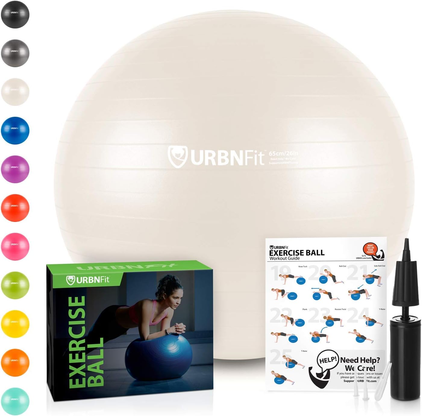 URBNFit Exercise Gym Ball (Multiple Sizes And Colors) For Stability & Yoga - Workout Guide Included & Quick Pump Included - Anti Burst Professional Quality Swiss Ball